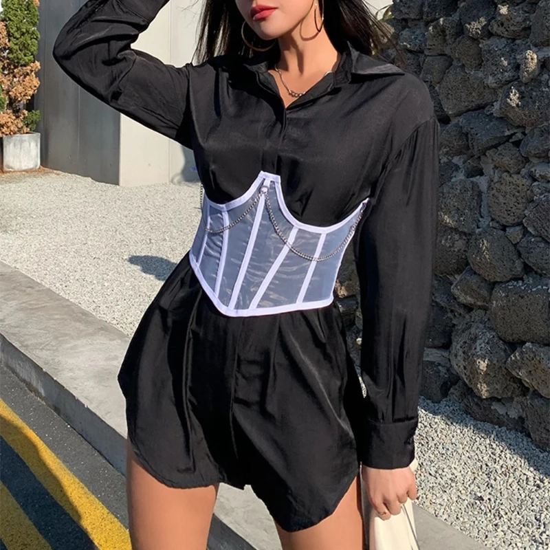 

Women Gothic Mesh Corset Crop Top Metal Chain Underbust Bustier Lace-Up Cincher