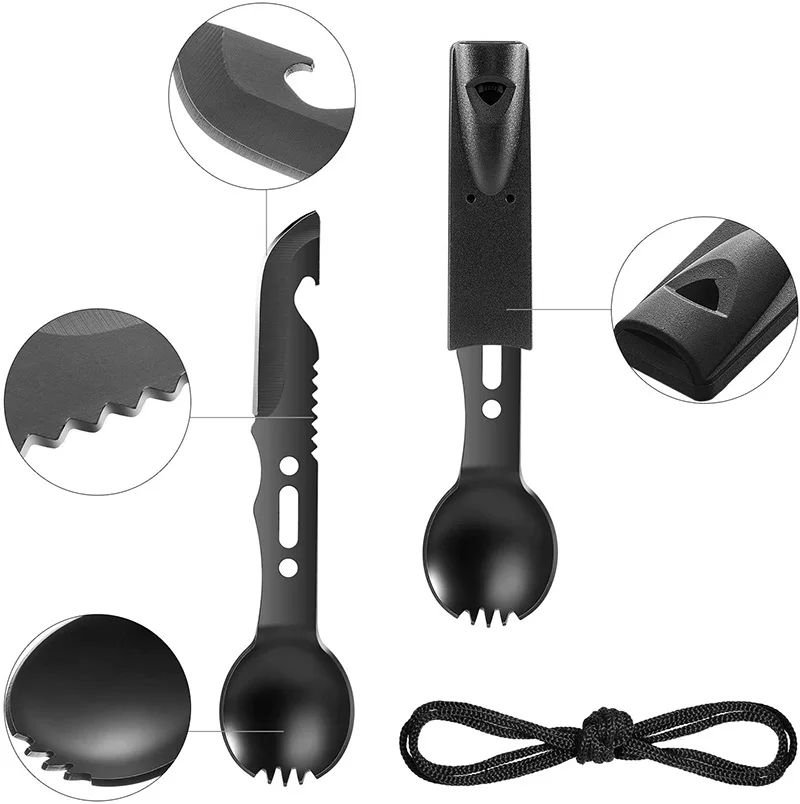 

Self Survival Tool Tactical Camping Spoon Fork Outdoor EDC Stainless Steel Spoon Fork Bottle Opener Whistle Defense