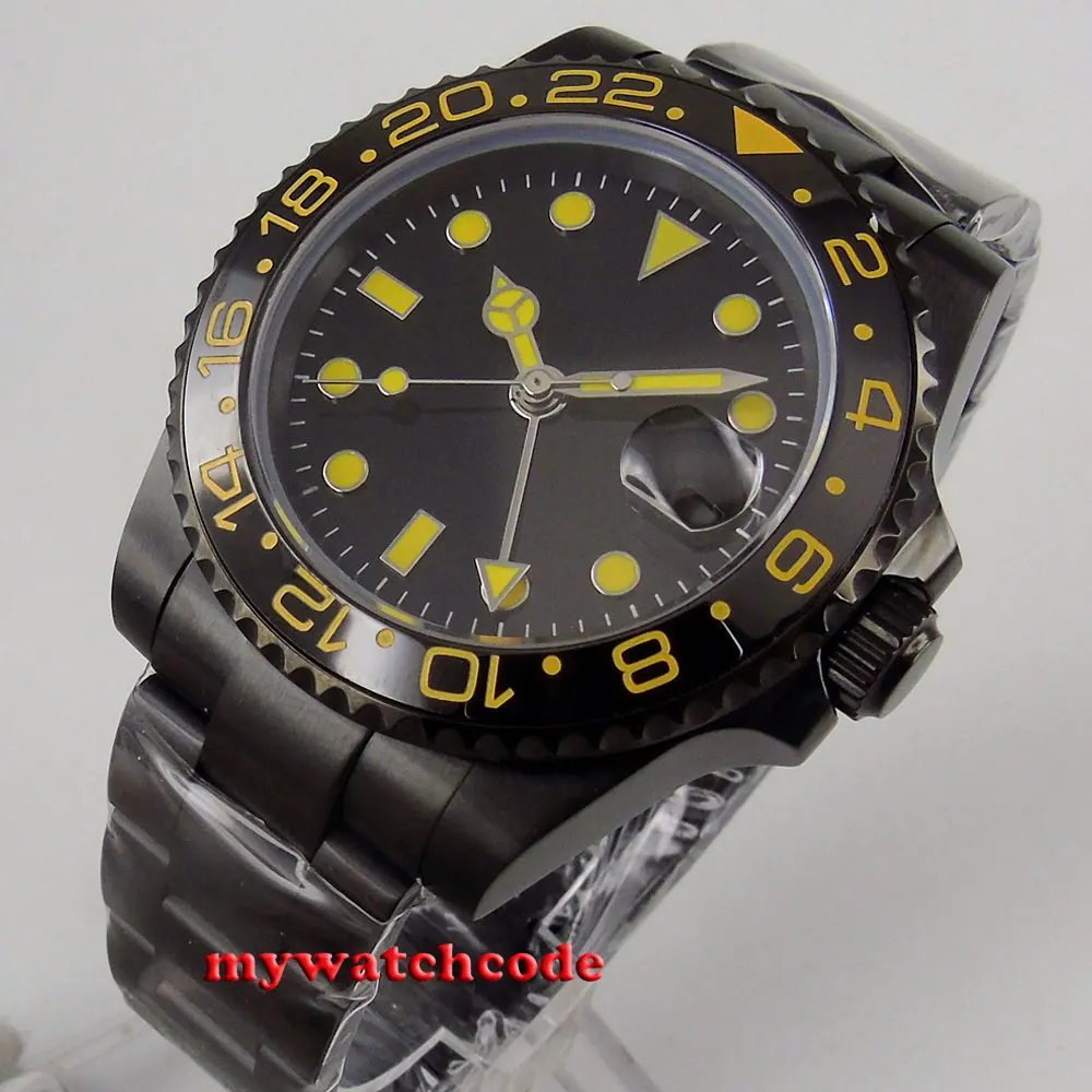 40 мм Bliger черный циферблат PVD GMT керамический сапфировый Кристалл Автоматические SS