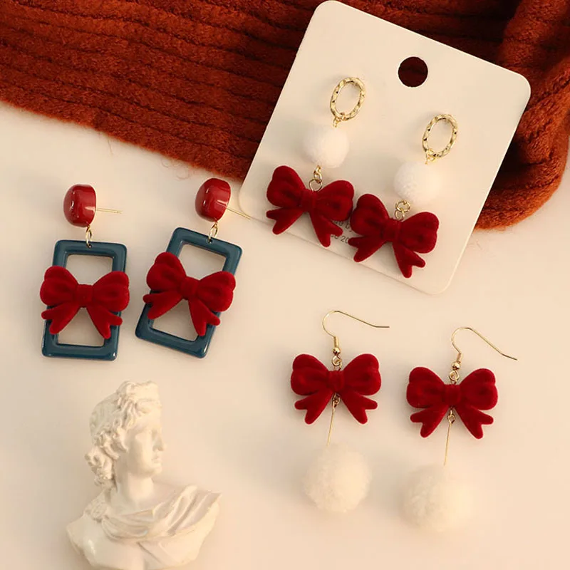 

2022 New Red Bow Drop Earring For Women Temperament Fur Ball Flocking Bowknot Christmas Earrings Girl New Year Festival Jewelry
