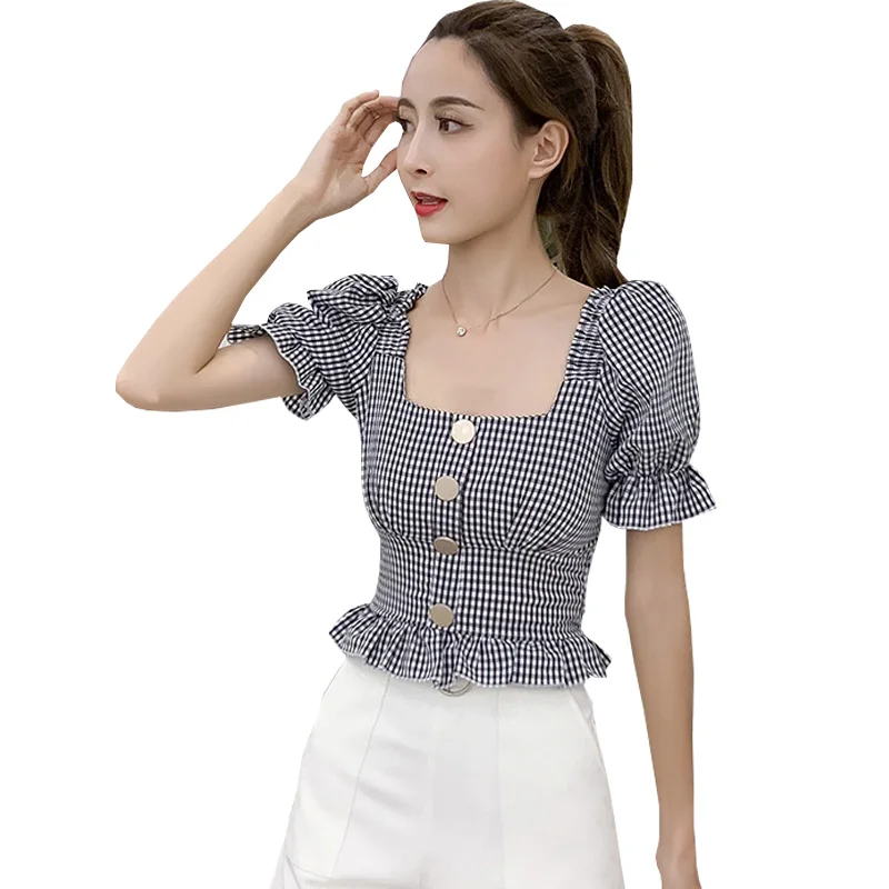 Женская шифоновая блузка в клетку с квадратным вырезом | одежда