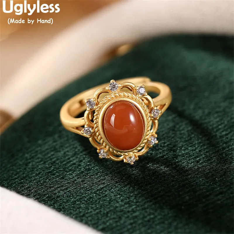 

Uglyless Luxury Crystals Sun Halo Gold Rings for Women Natural Agate Rings Solid 925 Silver Gemstones Jewelry Hollow Open Ring