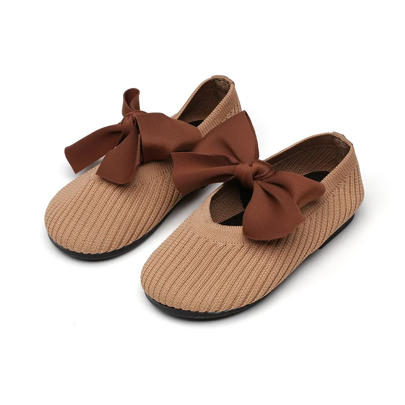 Туфли для девочек с большим бантом однотонные вязаные мокасины на плоской