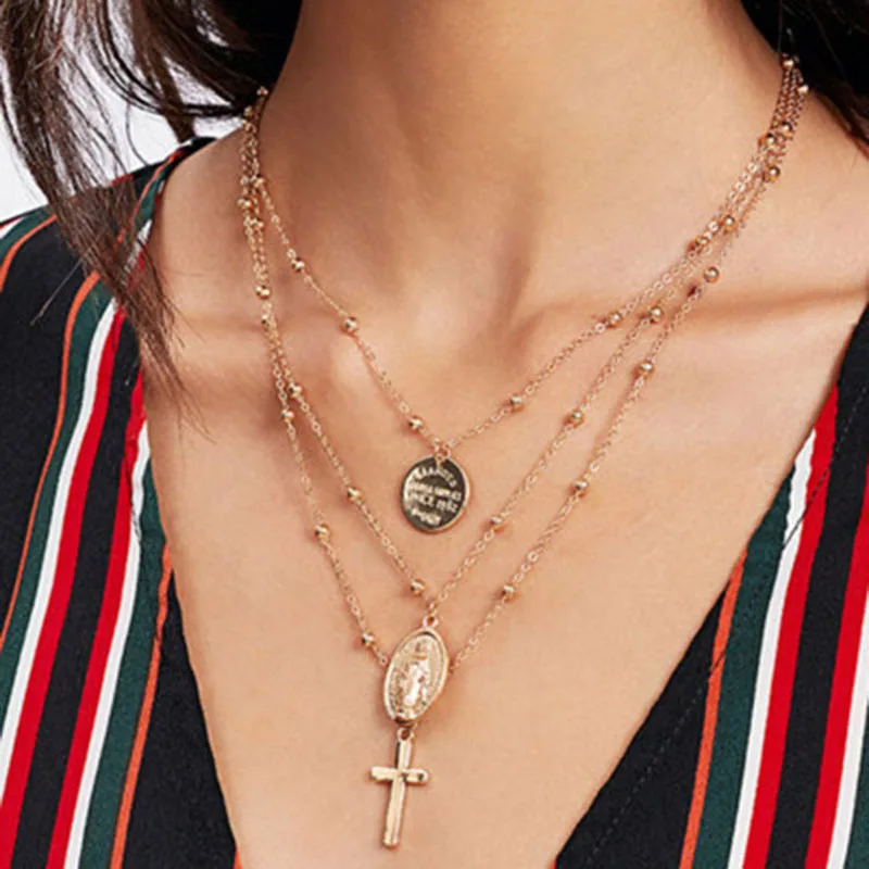 

New Multi Layer Carved Coin Angel Pendant Choker Necklace Gothic Virgin Mary Cross Chunky Chain Long Necklace Women Jewelry