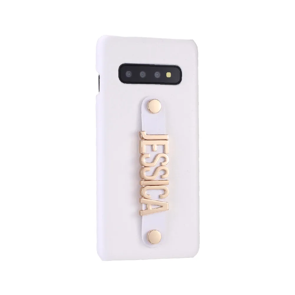 White Для Samsung Galaxy S8 S9 S10 Plus Note 8 9 A50 пользовательский кожаный чехол для телефона крепежный ремешок Золотой металлический Название текст телефон Funda Coque - Цвет: White