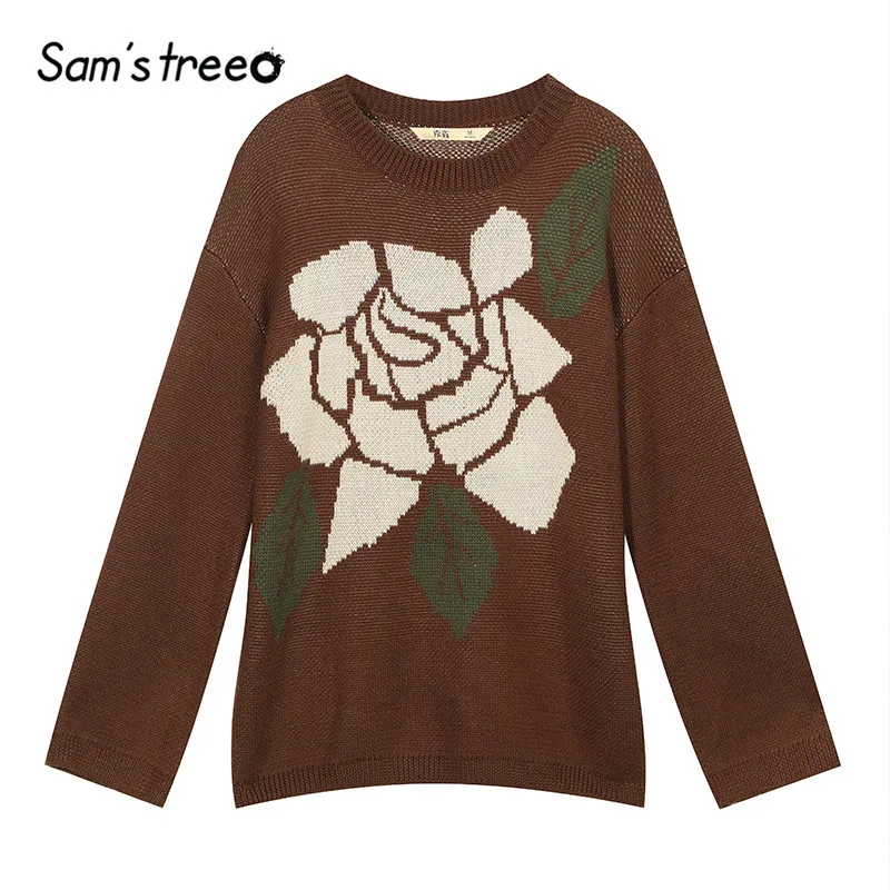 SAM'S TREE coffee, большой корейский свитер с цветочным принтом, женская одежда, осень, повседневные офисные женские вязаные топы с открытыми плечами