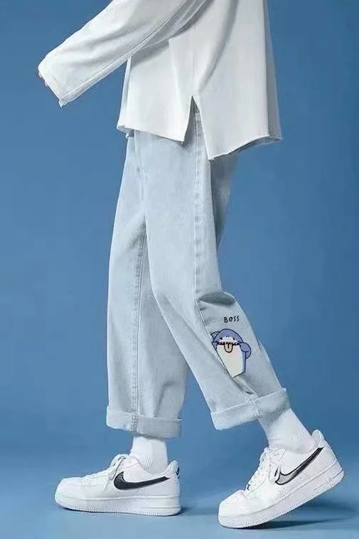 

Cartoon Print Jeans Straight Leg High Waist Casual Pants Ropa Hombre Denim Trousers Pantalon2021
