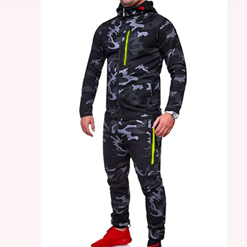 

Men Slim Sportwear Suit Hoodies And Sweatpants Camouflage Long Sleeves Training Trousers Zipper Sweatshirt And Mens Sweat Pants