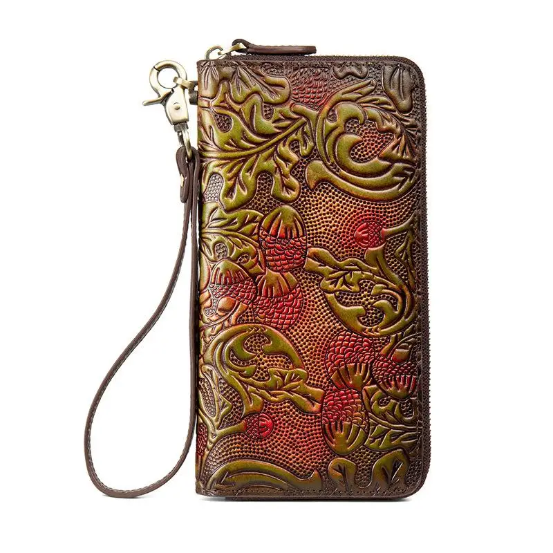 

Genuine Leather Long Women Wallets Card Holder 2021 New Vintage Embossed Large Clutch Wallet Cowhide Phone Purse