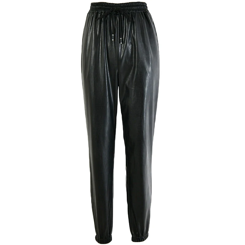 

Ladies PU Leather Pants Street Elastic Waist Pencil Pants Autumn Drawstring Sweatpants Pockets Trousers For Women