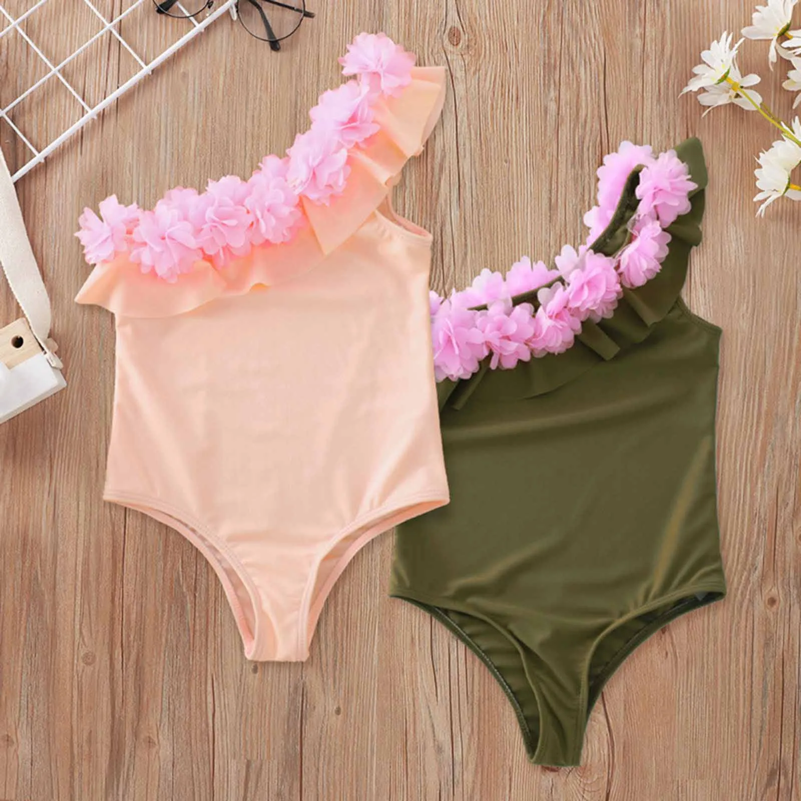 

Children Girls One Shoulder Swimsuit Toddler Baby Girls Solid Swimwear Cute Bathing Suit Flower Decorated Beachwear Spa 2021 A5