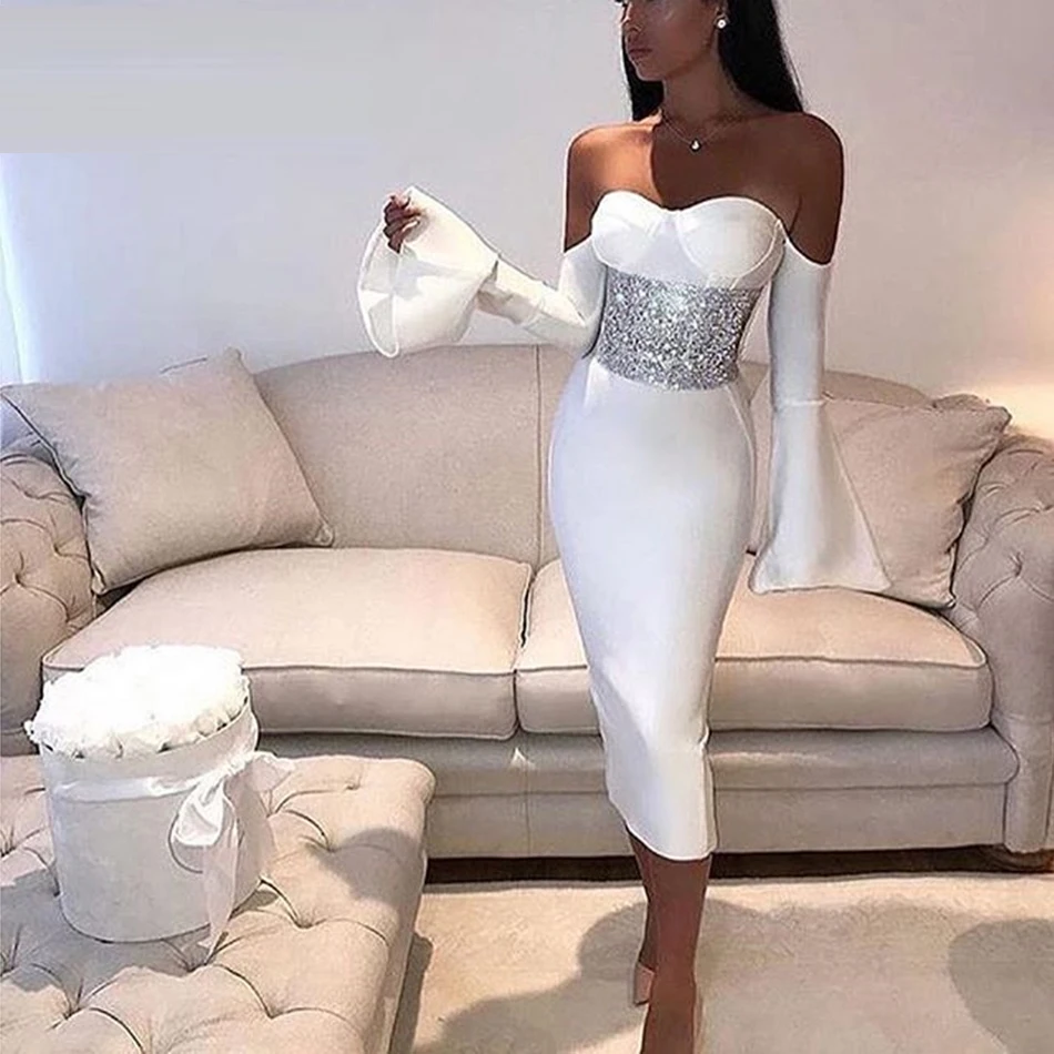 Женское облегающее платье с длинным рукавом белое черное без бретелек вечерние