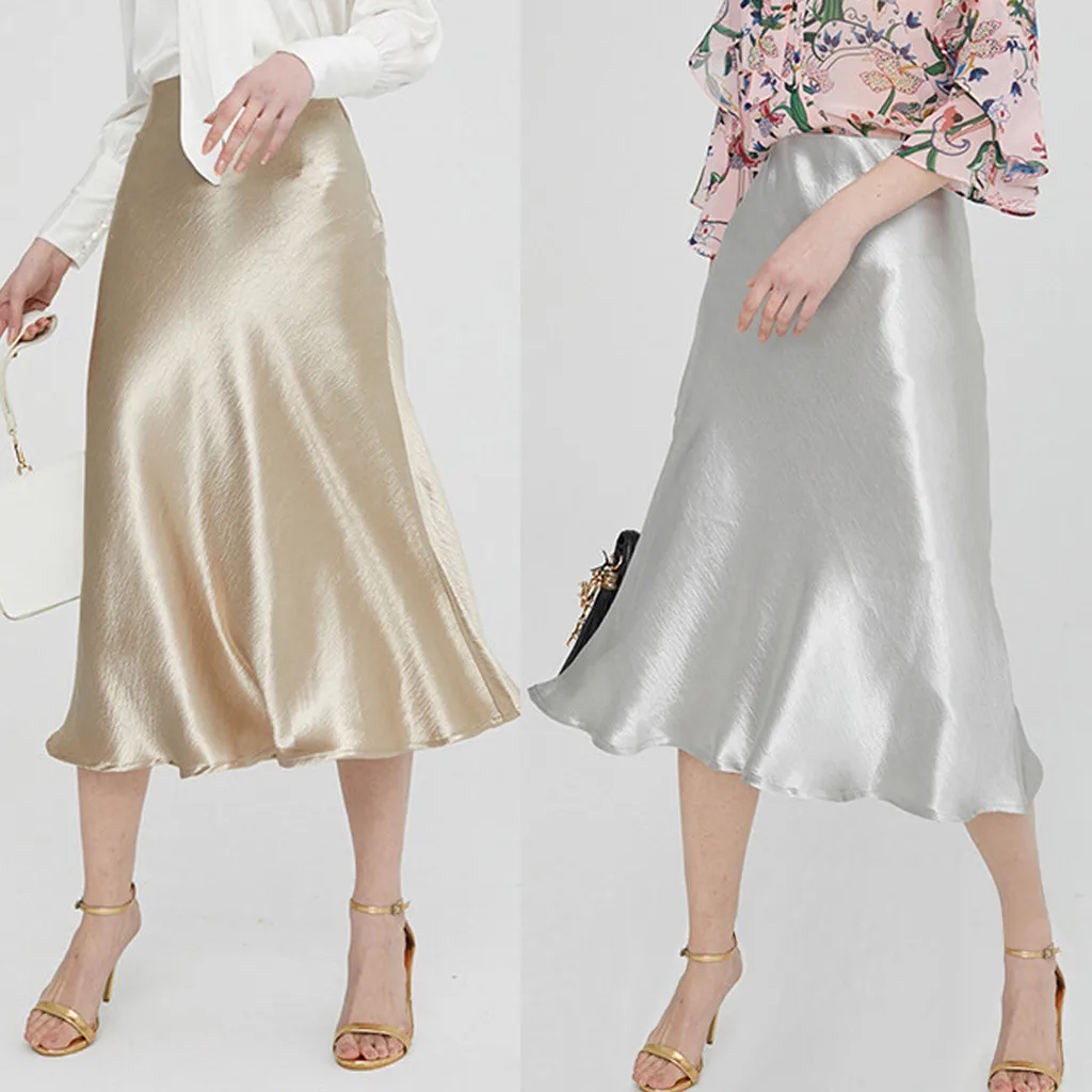 Женская атласная юбка с завышенной талией на молнии | одежда