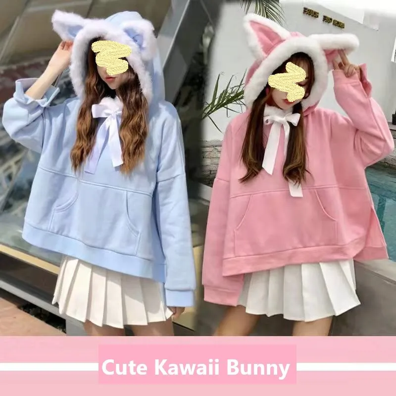 

Women's Hoodie Jumpers Tops Girl Hooded Rabbit Bunny Ears Solid Stitch Loose Pullovers Pink Cute Kawaii Kangaroo Pocket Furry