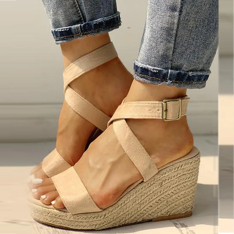 

RIBETRINI Retro Women Platform Wedges Buckle Straw Heel Shoes Women Thick Bottom Party Dress Sandals Summer Ins Sandals