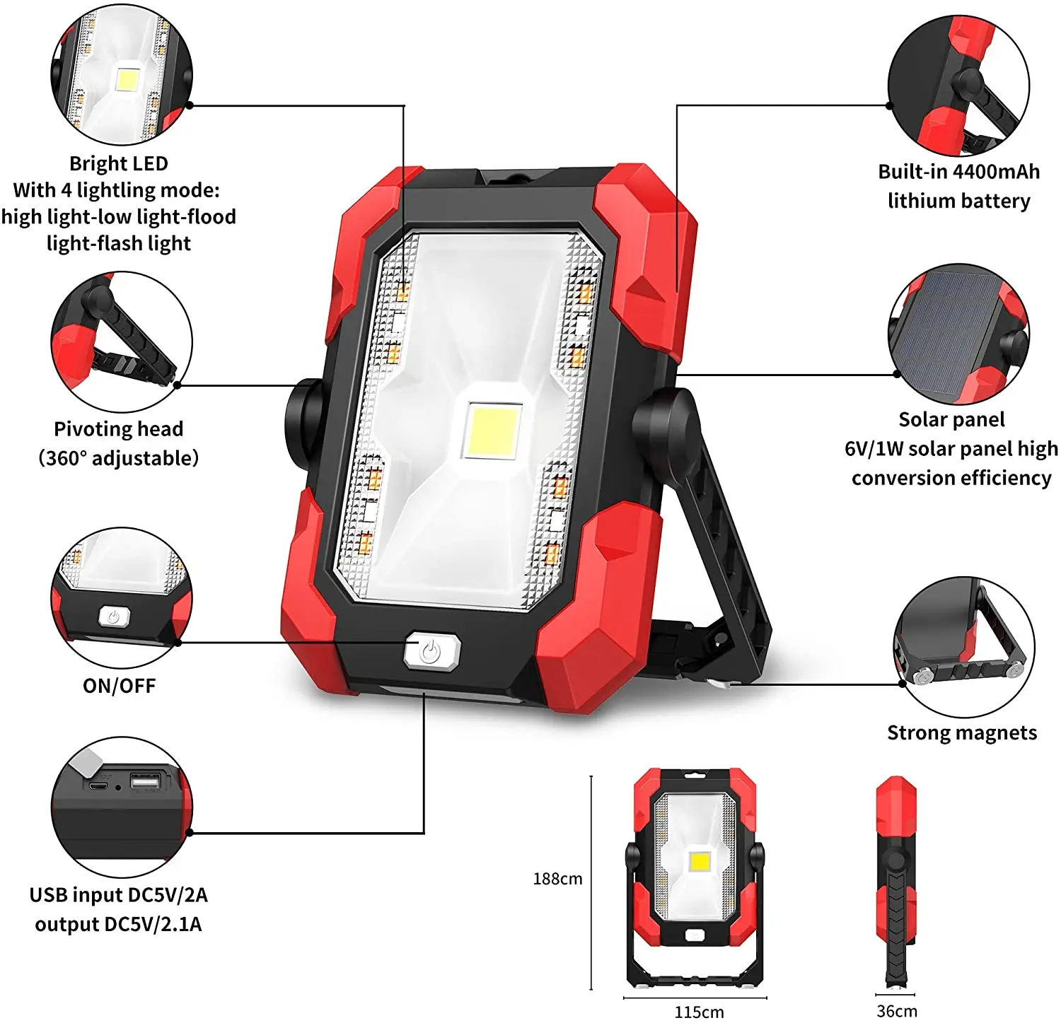 저렴한 작업 조명 태양 비상 조명 LED 휴대용 캠핑 조명 4 밝기 모드 내장 충전식 리튬 배터리 USB
