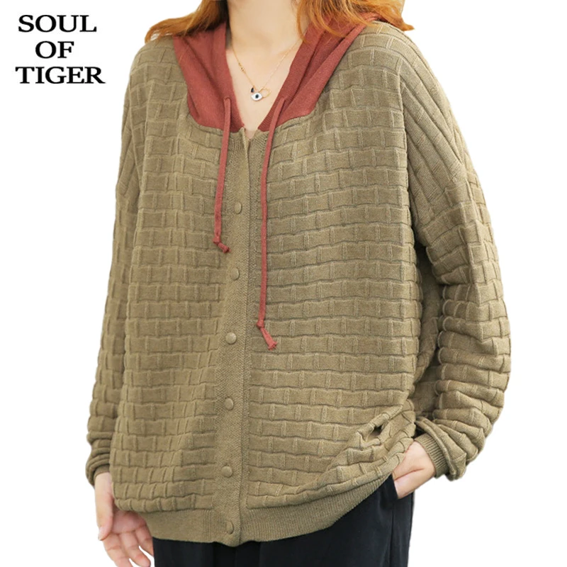 

SOUL OF TIGER 2021 England Style Khaki Hooded Sweater Autumn Women Knitted Loose Casual Cardigans Female Button Vintage Clothing