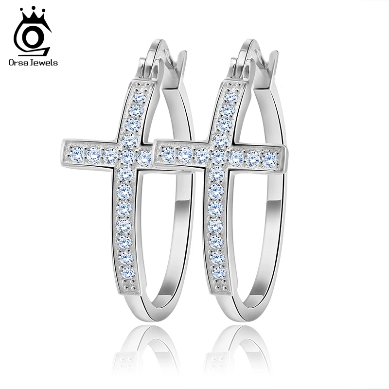 ORSA JEWELS, серебряные серьги-кольца для женщин, большая крестообразная петля, проложенные блестящими австрийскими кристаллами, модные ювелирные серьги OE142