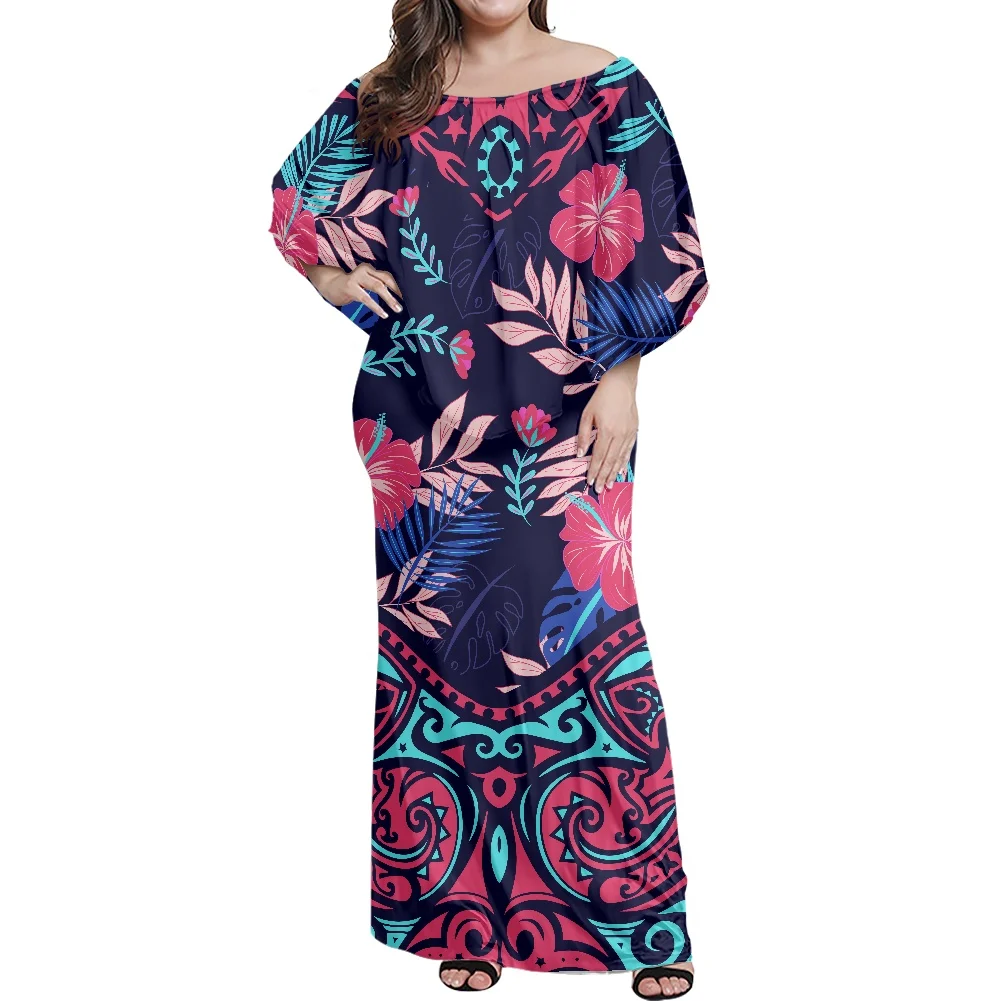 

Suitable For Autumn Winter Samoa Tribal Female Frill Dress Palm Leaf Hibiscus Print Casual Lady Long Dress Big Size Lady Clothin