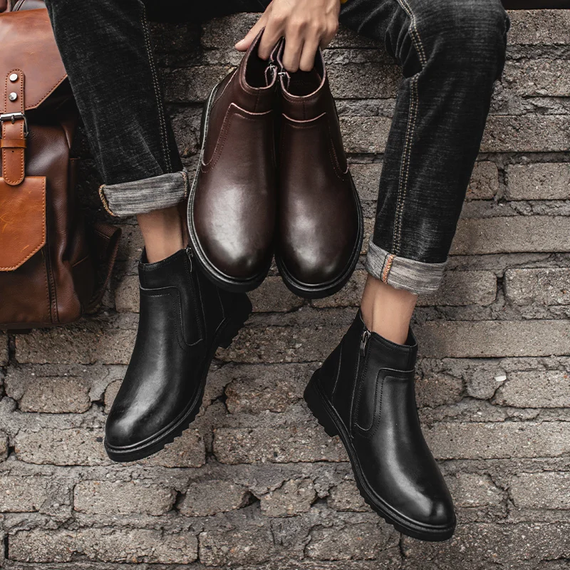 

Autumn Winter Shoes Men Boots Leather Chelsea Boots Thick Sole Mens Brand Winter Footwear Male Side Zipper Warm Snow Ankle Boots