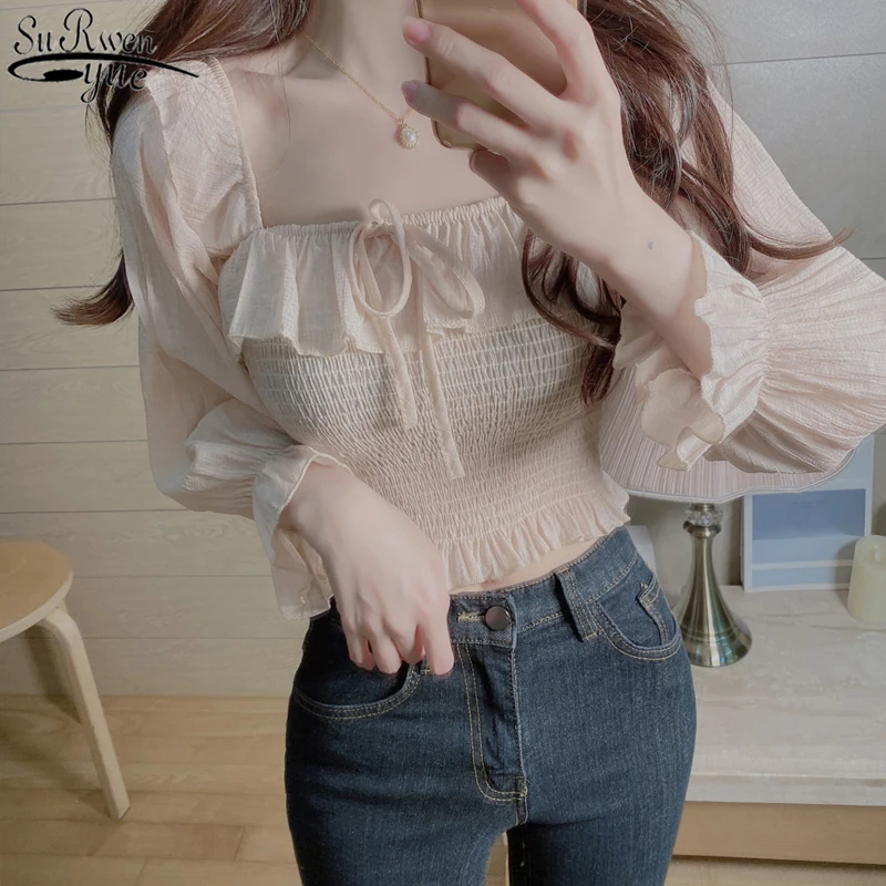 

Vintage Elegant Slim Waist Ruffles Female Blouse Square Collar Sweet Puff Sleeve Women Blouse Shirts White Tops Blusas 10094