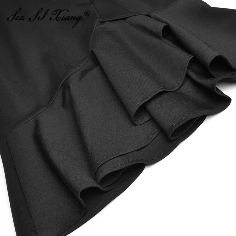 

Seasixiang Fashion Designer Spring Dress Women's Long sleeve Embroidery Turn-down Collar Black Mermaid Dresses