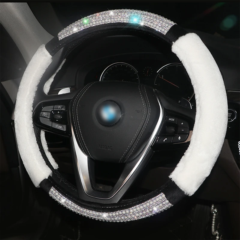 

Diamond Pearl Car Steering Wheel Covers Plush Rhinestone Winter Covered Steering Wheel Interior Accessories for Women Girls