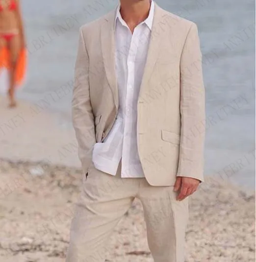 

Suit Men Beige 2 Piece Linen Beach Groomsmen Wedding Tuxedos For Men Notch Lapel Formal Prom Suit Costume Homme (Jacket+Pants)