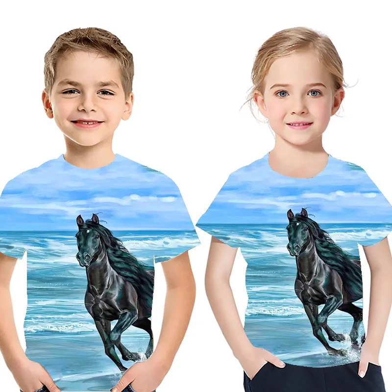 

2021 Boys And Girls Summer Clothes New Animals Horse Classic 3D Printing T-shirt Hip-Hop Fashion Round Collar T-shirt Kids Tops