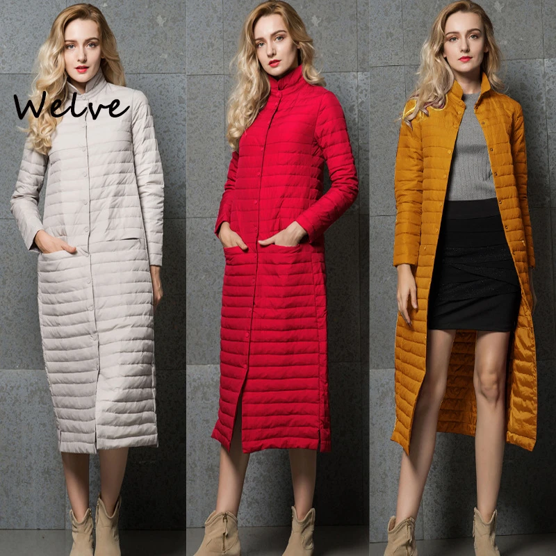 2019 зимний длинный пуховик Женский светильник тонкий выше колена однотонный с