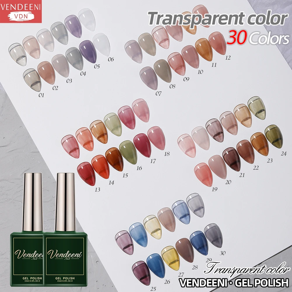 

Vendeeni 30 Colors Transparent Gel Nail Polish Dirty Colors UV Soak Off Gel Varnish Ice Through Jade Nail Art Gel Lacquer 15ml