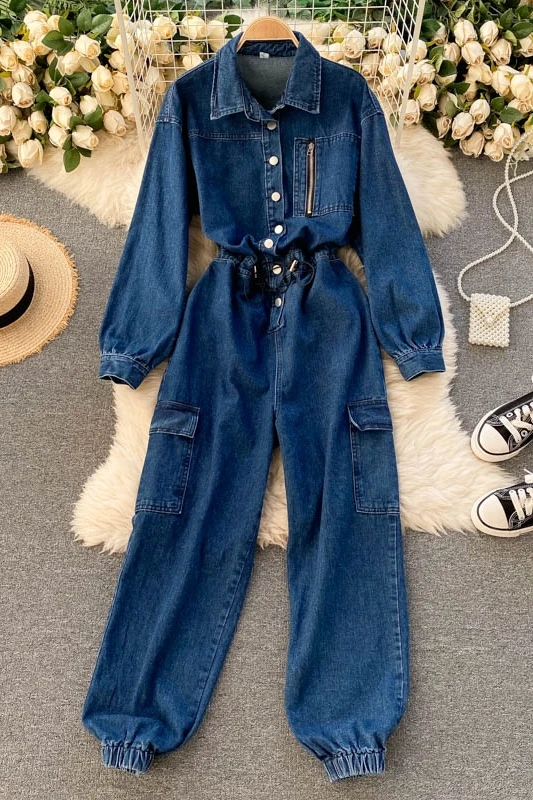 

ZOSOL Retro overalls women's classic breasted slim long loose legged Wide Leg Jeans