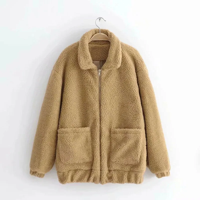 

Stylish Sweet Yellow Faux Lamb Fur Pockets Jacket Women Autumn Fashion Warm Coat Girls Chic Streetwear