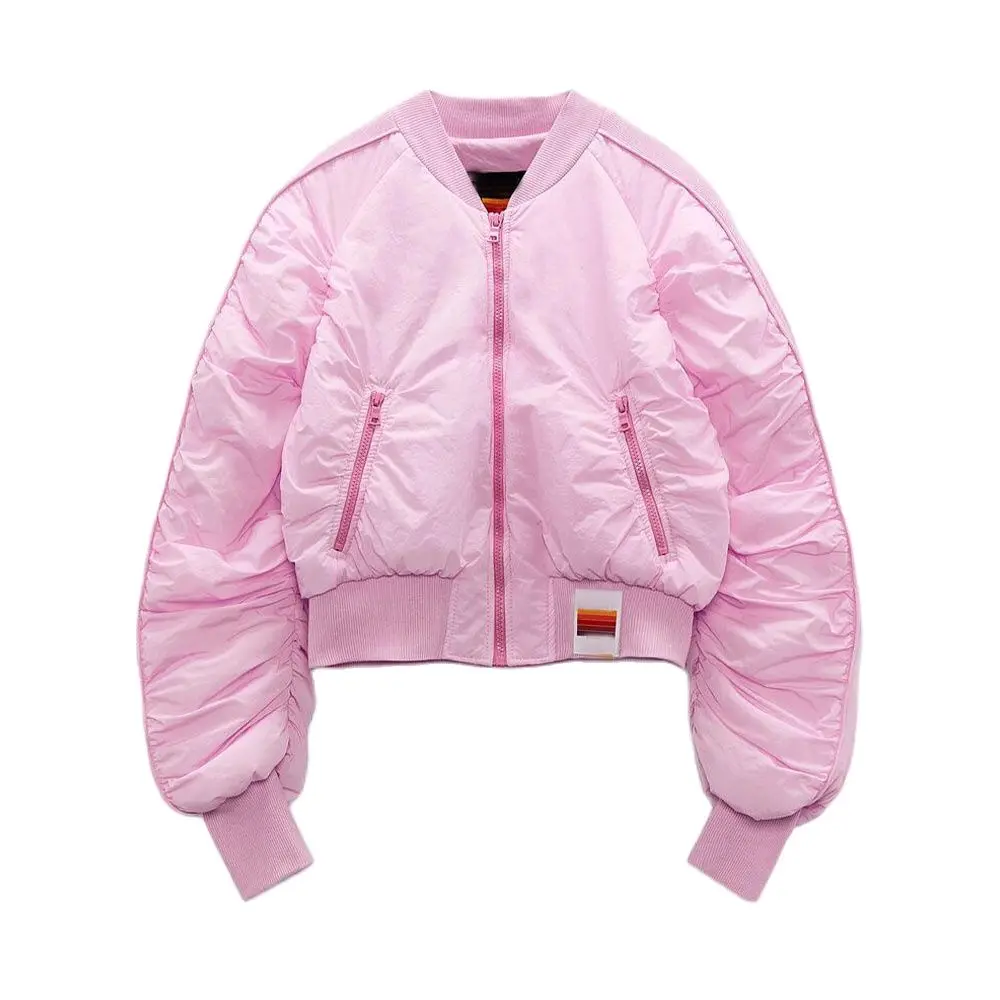 2021 Winter Warm Coat Fashion Parkas Baseball Jacket Long-sleeved O-neck Top Women Bomber Coat Pink Cropped Zipper Pockets