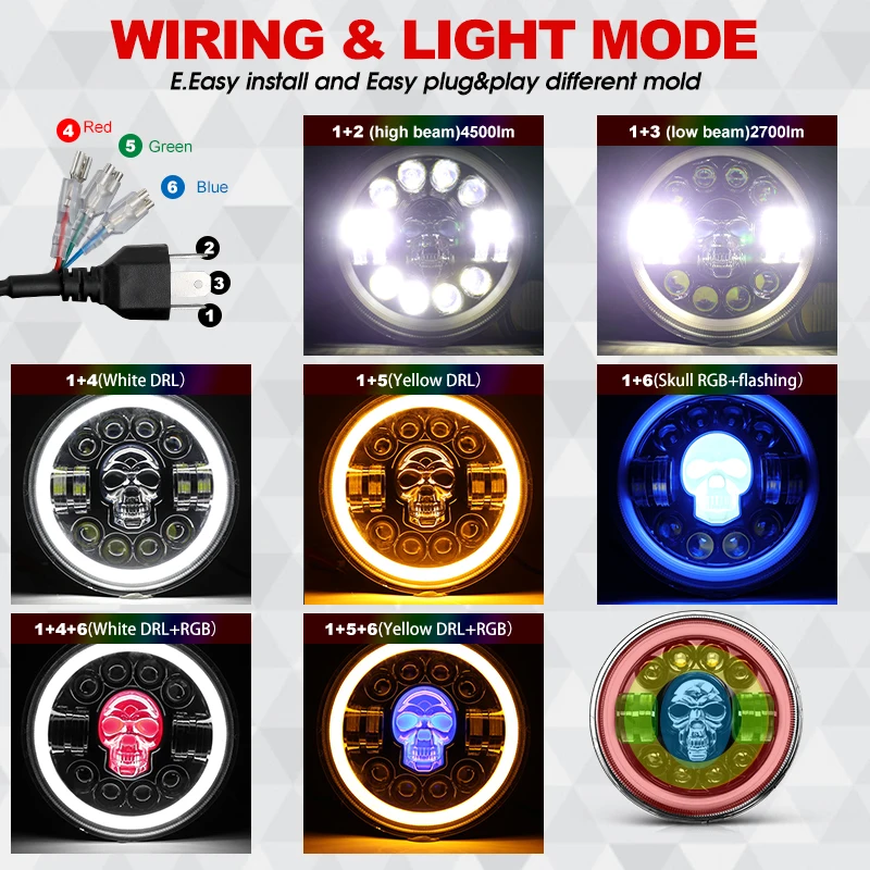 Dot-L&aacute;mpara LED E9 para motocicleta, faros delanteros de 7 pulgadas con Halo de ojos en &aacute;ngulo, RGB, Calavera, redondos, DRL, para Wrangler JK-1