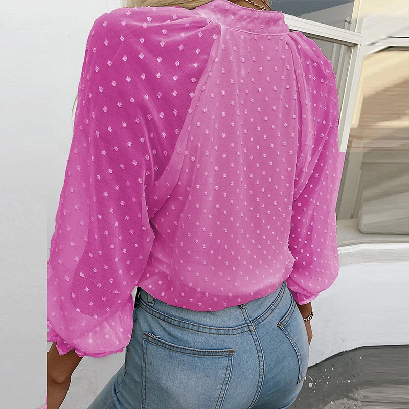 

Fashion Women Long Sleeve See-Through Mesh Blouse Elegant Solid Ruffle Autumn Shirt Blusas Office Lady Summer Button V-Neck Tops