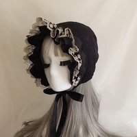 adjustable lolita bonnet ruffled hat medieval vintage maid cosplay women girls pumpkin sweet cotton cap lace up straps
