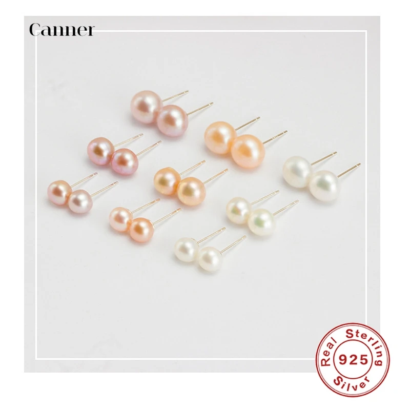 

CANNER 925 Sterling Silver 6/7/8mm Pearl Stud Earrings For Women Jewelry 1pair Ball Studs Earrings Bijouteria brincos Bijoux