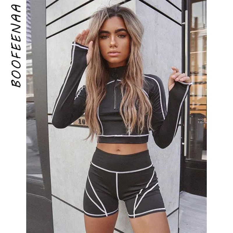 BOOFEENAA Полосатый черный спортивный костюм с высокой талией комплект из двух