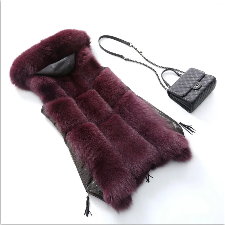 

2021 Winter Fur Jacket Vest Woman Waistcoat Side Zipper Stitching Leather Warm Outwear with Fur Trim Hood Furry Womens Coat