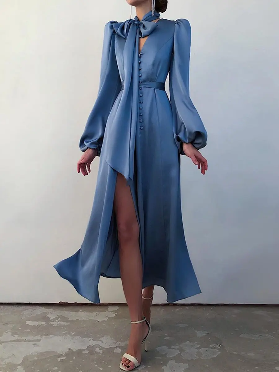 

Women Satin Dress Elegant V-neck Lantern Sleeve Bow Belt A-line Silky Party Dress Vintage Solid Slim Midi Dress Spring Autumn