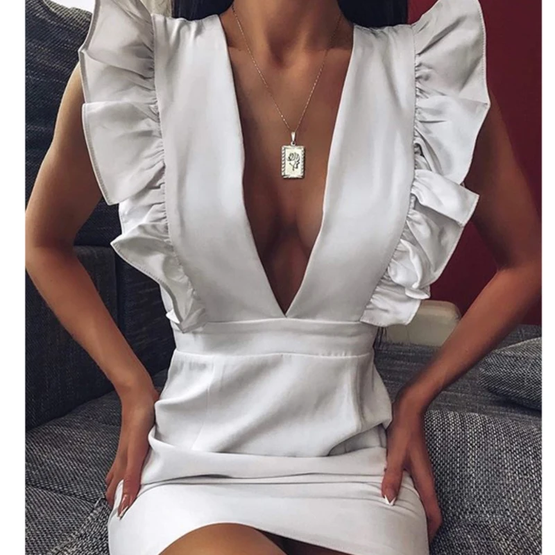 

Solid Color Double V Neck Backless Slim Bodycon Sexy Dress Women's Ruffle Sleeveless Party Mini Dress summer women's dress 2021