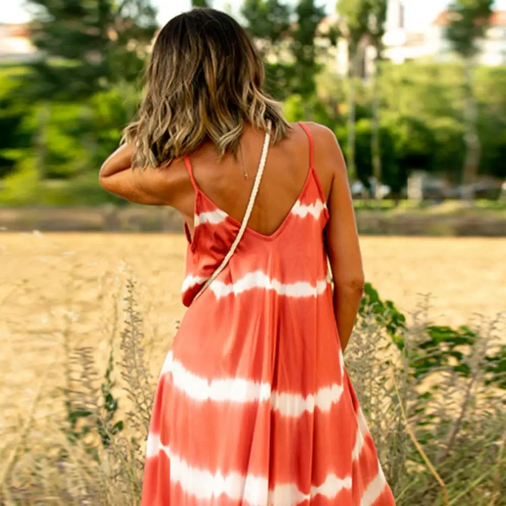 

Summer Casual Dresses For Women 2021 Women Stylish V Neck Sleeveless Tie Dye Stripes Print Large Hem Long Sling Dress vestidos