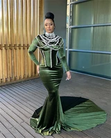 dark green velvet evening dresses high neck beaded mermaid saudi arabic party gowns african pageant dress custom made