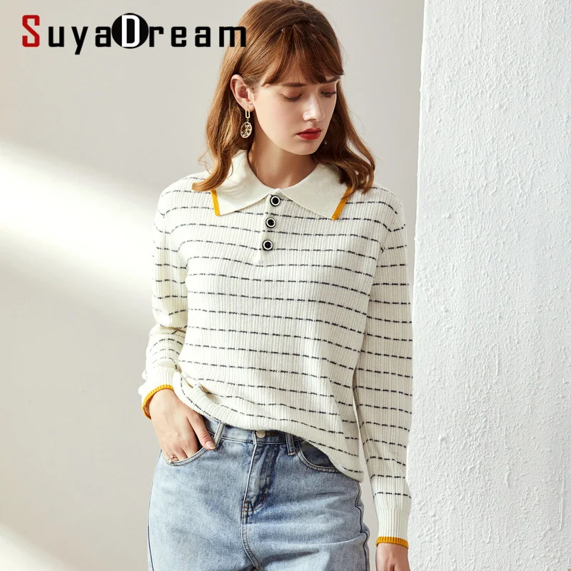 SuyaDream100 % шерсть женские пуловеры в полоску Поло отложной воротник шерстяные