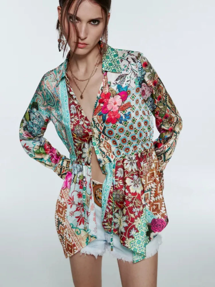 

ZA Women 2021 Women's Shirt V-neck Floral Print Button Shirt Retro Long Sleeve Slim Hem Fit Irregular Shirt Women Tops