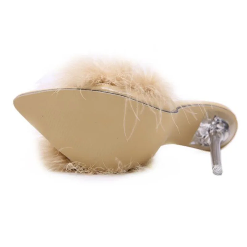 Summer Fashion Women Pumps Thin Heels Mules Shoes Faux Fur Pointed Toe Slippers For Black Pink White Size 41 | Обувь