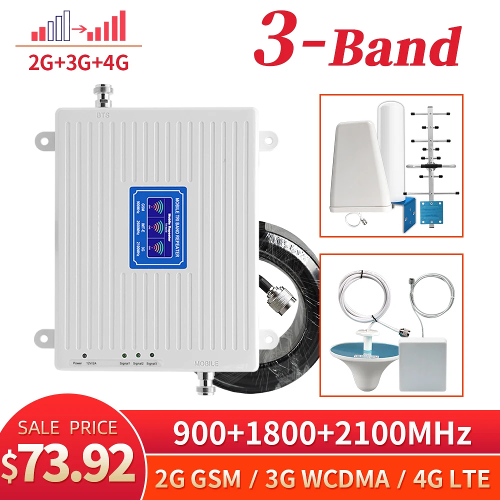 

Tri Band Booster 2G 3G 4G for Cell Phone GSM UMTS DCS Cellular Amplifier 3-Band 900mhz 1800MHz 2100mhz LTE Signal Repeater Kit