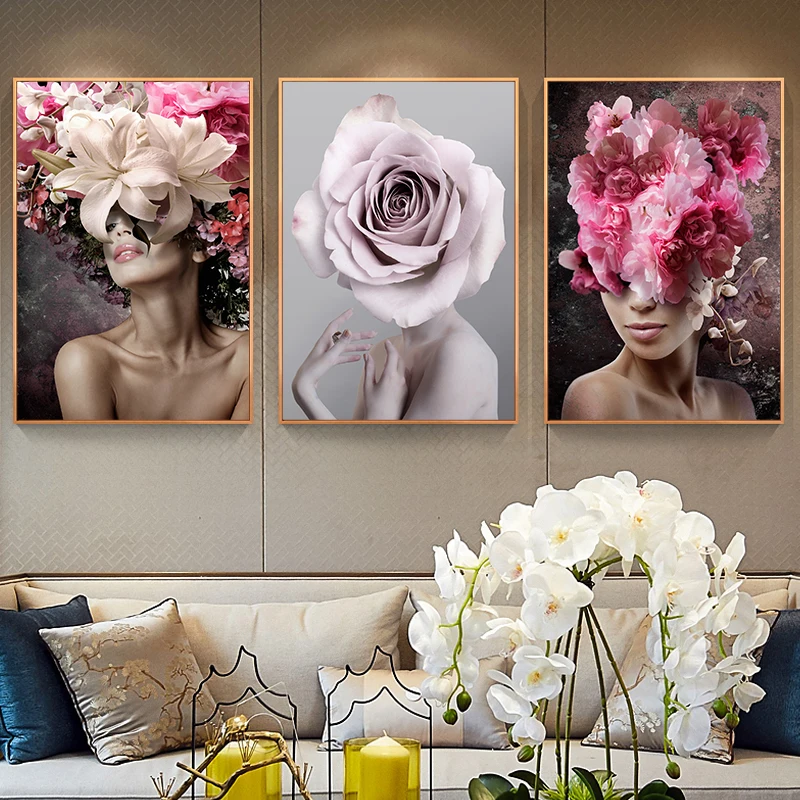 

Rose Lily Flowers Woman Abstract Canvas Painting Wall Art Print Poster Picture Decorative Painting Living Room Home Decoration