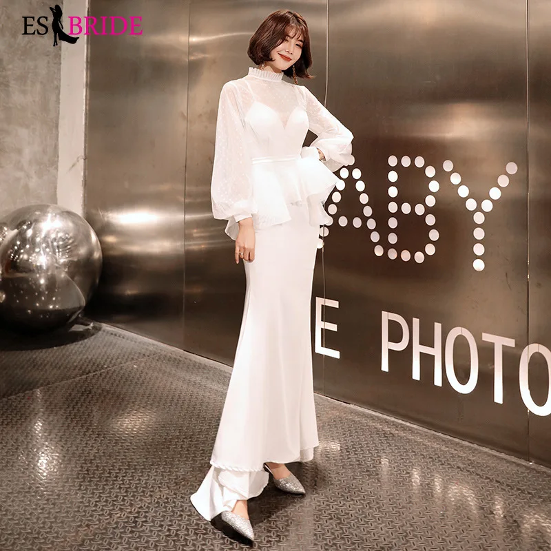 Женское вечернее платье Русалка ES2808 белые вечерние платья с длинными рукавами